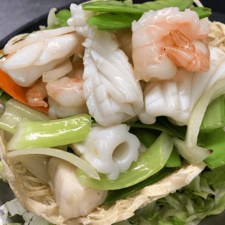 Assorted Seafood in a Crispy Potato Nest
