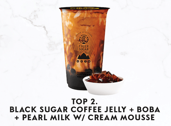 Black sugar coffee jelly + boba + pearl milk with cream mousse