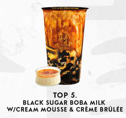 Black sugar boba milk with cream mousse and crême brulée